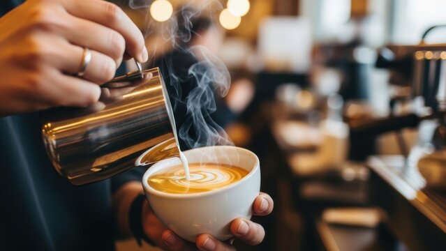 A barista's hands pouring milk to make latte art in a coffee cup.