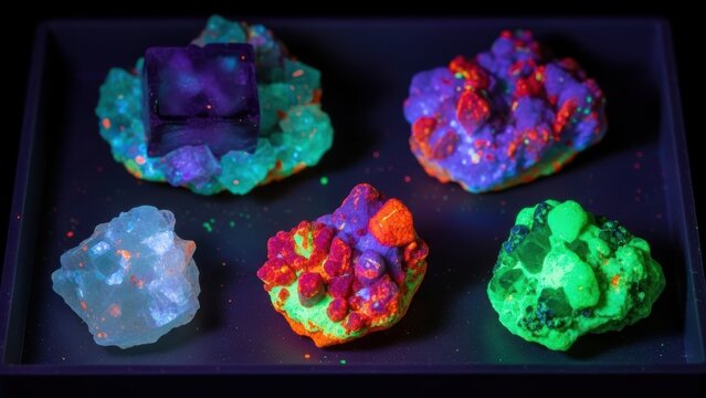 A collection of various fluorescent minerals glowing under UV light.