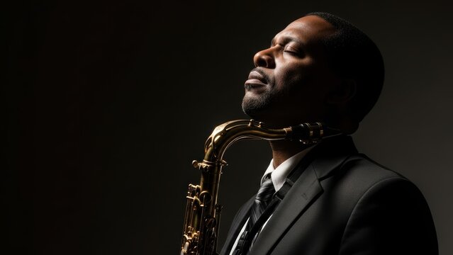 A musician in a suit with his eyes closed, holding a saxophone in a dramatic portrait.