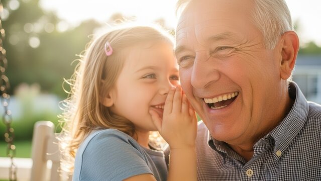 A young girl whispering a secret into her laughing grandfather's ear outdoors.