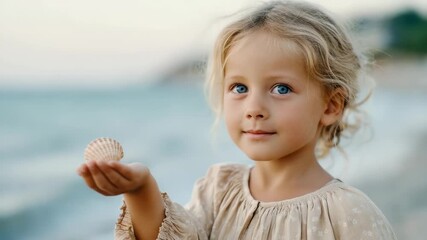 Curious child holding a seashell by the beachside ocean at sunset - Powered by Adobe
