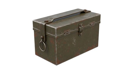 Weathered Olive Green Metal Ammunition Box with Top Handle and Front Latch, Isolated on White Background