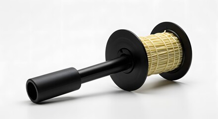 Black Spool with Handle and Beige Woven Mesh Netting Material on White Background