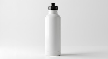Sleek White Reusable Sport Water Bottle with Black Lid on Clean Background, Perfect for Hydration and Branding Mockups