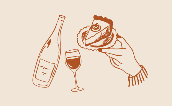 Hand drawn autumn food illustration. Sketch style. Vectors for invitations, menus. La dolce vita italian style. Happy thanksgiving day. Apple cake. Cake in hand. Wine and cake. Piece of cake