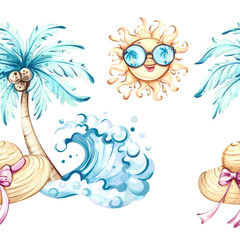 Vibrant seamless pattern of summer vacation elements featuring palm trees, a cheerful sun, beach hats, and cheerful waves, perfect for a colorful background, wallpaper, or decorative border