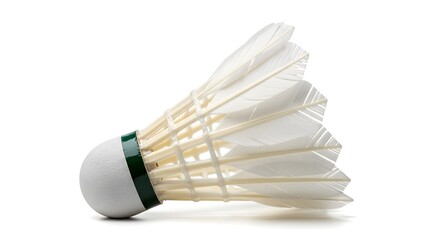 Classic Badminton Shuttlecock Isolated on White Background: Essential Sports Equipment for Racquet Games, Featuring White Feathers and Green Detail