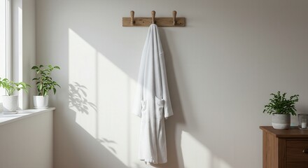 Minimalist bathroom interior with white robe hanging on hook  