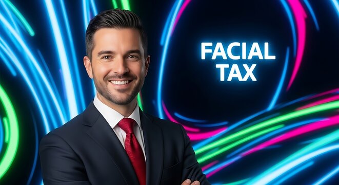Confident Businessman with FACIAL TAX Overlay with Smiling, and Modern Tech Background.