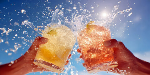 Summer Cheers with Splashing Drinks Under Blue Skies, ai generated.