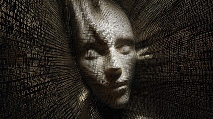 Digital art depicting a human face with binary code and transparent background
