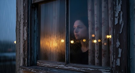 Contemplative Woman Gazes Out Wet Window at City Lights  Rainy Day Mood.
