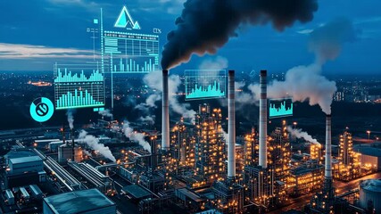 Futuristic industrial cityscape with digital data overlay at dusk - Powered by Adobe