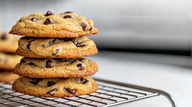Delicious chocolate chip cookies stacking progression on cooling rack in kitchen