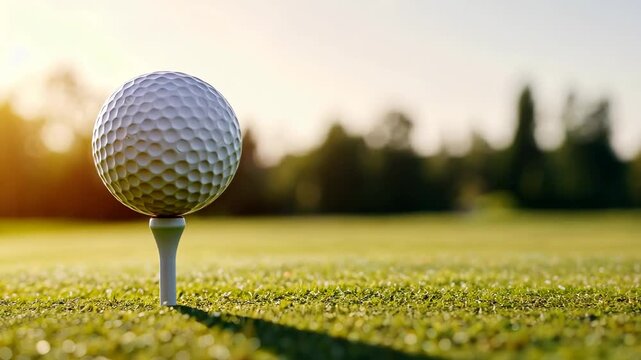 Golf ball on tee set against a vibrant sunset in a tranquil landscape progression