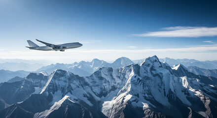 Passenger Jet Above Snowy Mountains