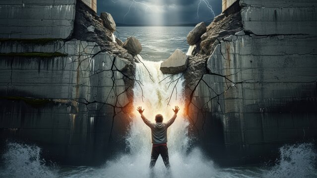 A person with glowing hands stands before a broken dam, holding back the rushing water with their power.