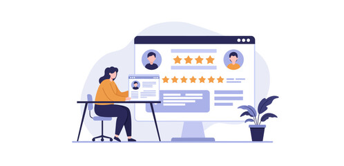 Person reviewing online ratings on a computer sitting at a desk with a plant showcasing customer feedback and satisfaction perfect for tech blogs.