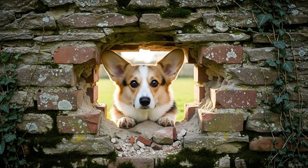 Corgi Dog Peeking Through a Brick Hole Playful Puppy and Garden View.
