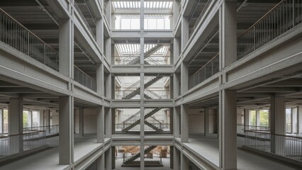 The interior of an unfinished concrete building with multiple levels, beams, and repeating patterns.