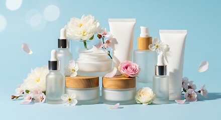 Cosmetic skincare products with floral arrangement with natural beauty background.
