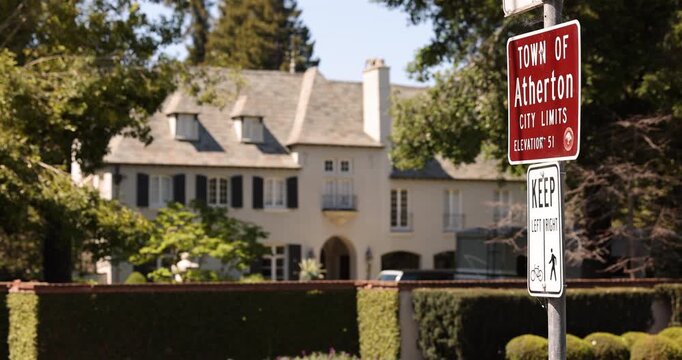 Atherton, California, USA - April 18, 2025: A sign delineates the city limits for the Town of Atherton.