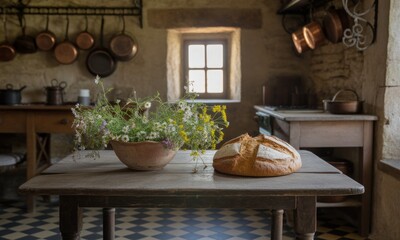 Rustic kitchen interior, wooden table with bread and flowers