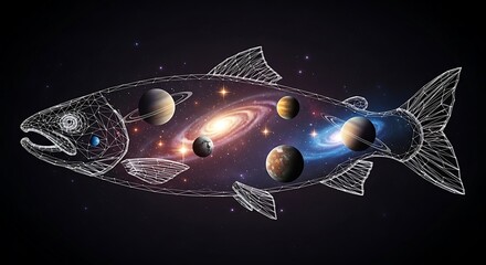 Cosmic Fish Artistic Illustration of a Celestial Galaxy and Planets.