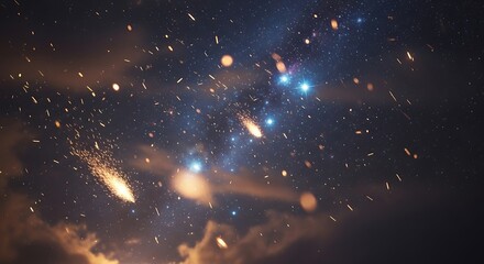 Cosmic sparks  starry night sky with bokeh  meteorlike lights with dark clouds.
