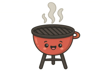 Cute cartoon barbecue grill character with a happy face and smoke rising, ready for outdoor cooking and summer parties