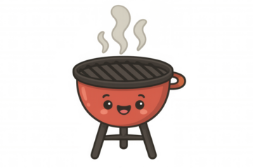Cute cartoon barbecue grill character with a happy face and smoke rising, ready for outdoor cooking and summer parties