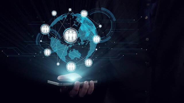 A person holds a smartphone displaying a glowing globe interconnected by network connections, symbolizing digital communication and global interaction through technology. Qubit