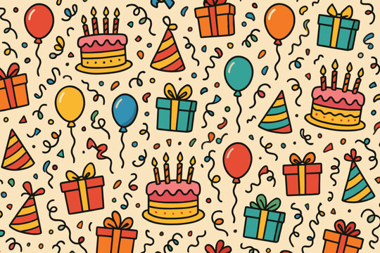 Festive birthday celebration pattern with colorful cakes balloons gifts and confetti seamless background