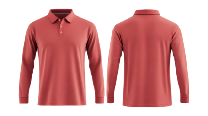 Plain Light Red/Coral Long Sleeve Polo Shirt Mockup Front and Back Views 3D Rendering on transparent background