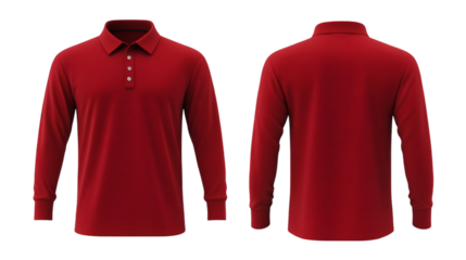 Plain Light Red Long Sleeve Polo Shirt Mockup Front and Back Views 3D Rendering on transparent background