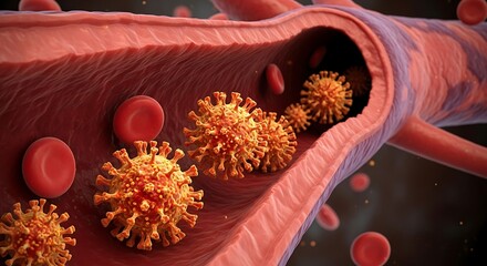 COVID19 Virus Particles Inside a Blood Vessel Microscopic Illustration.