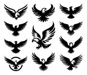 A collection of black silhouette eagle illustrations