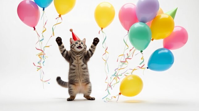 cat with colorful balloons