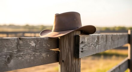 Cowboy hat rests on a wooden fence at sunset with evoking the Wild West, and country life.