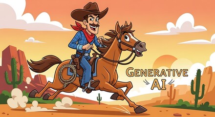 Cowboy Rides Horse Across Desert at Sunset with Generative AI Concept Cartoon Illustration.