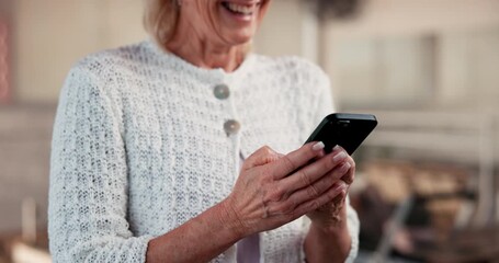 Hands, fitness and woman with phone in pilates gym for health update, funny text and class booking. Mobile, exercise studio and mature person laugh, social media connection and owner check schedule