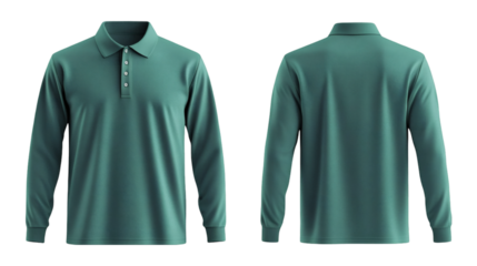 Plain Green Long Sleeve Polo Shirt Mockup Front and Back Views 3D Rendering on transparent background