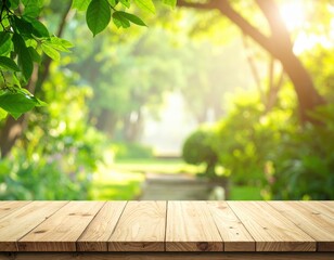 Wooden Tabletop with Green Foliage and Blurry Garden Path with Sunlight