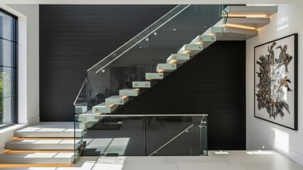 Contemporary floating stairs with glass and steel railings against a black wall.