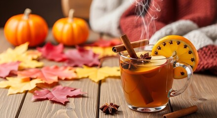 Cozy Autumn Drink Steaming Cider with Pumpkins with Leaves, and and Blanket on Wood.