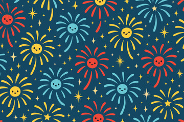 Cute cartoon fireworks pattern with smiling faces and sparkles on a dark blue background