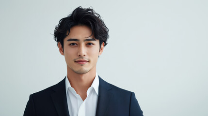 Young Japanese businessman in formal suit with confident expression, showcasing professionalism and style, on white background.