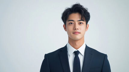 Young Japanese man in corporate suit with silk tie, exuding confidence and professionalism, on white background.