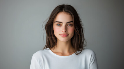 clean and contemporary portrait of woman with neutral backdrop, showcasing her natural beauty and calm expression.