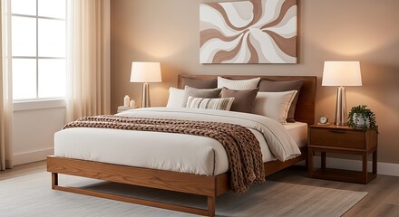 Cozy Bedroom Interior Design with Modern Decor with Bed, Lamps, and Artwork.